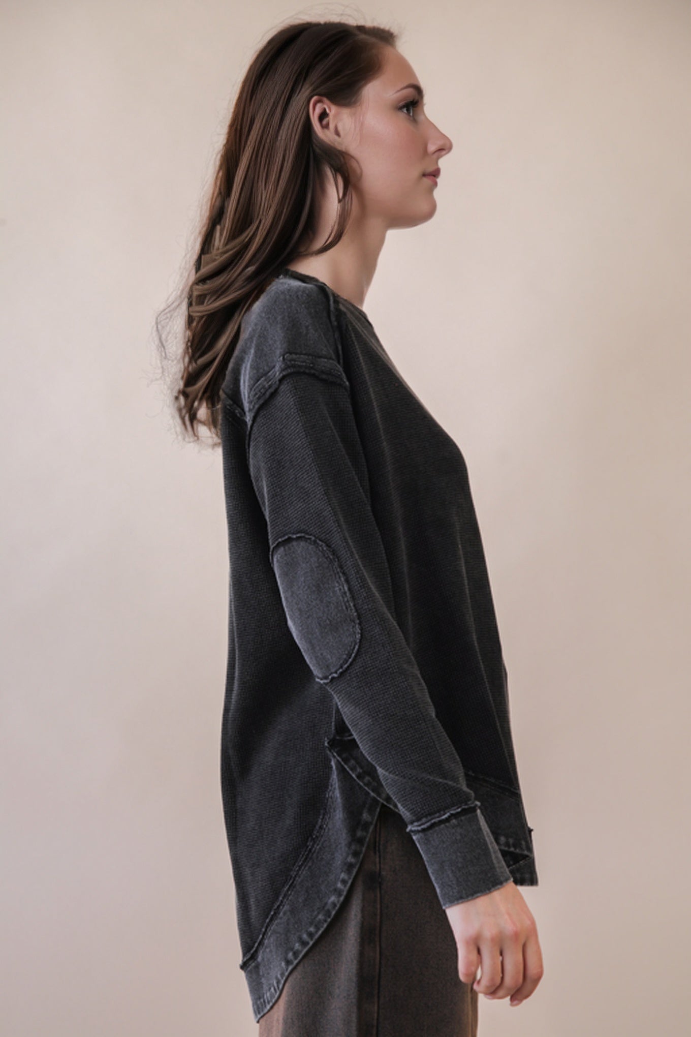 Mineral Washed Elbow Patch Contrast Knit Top