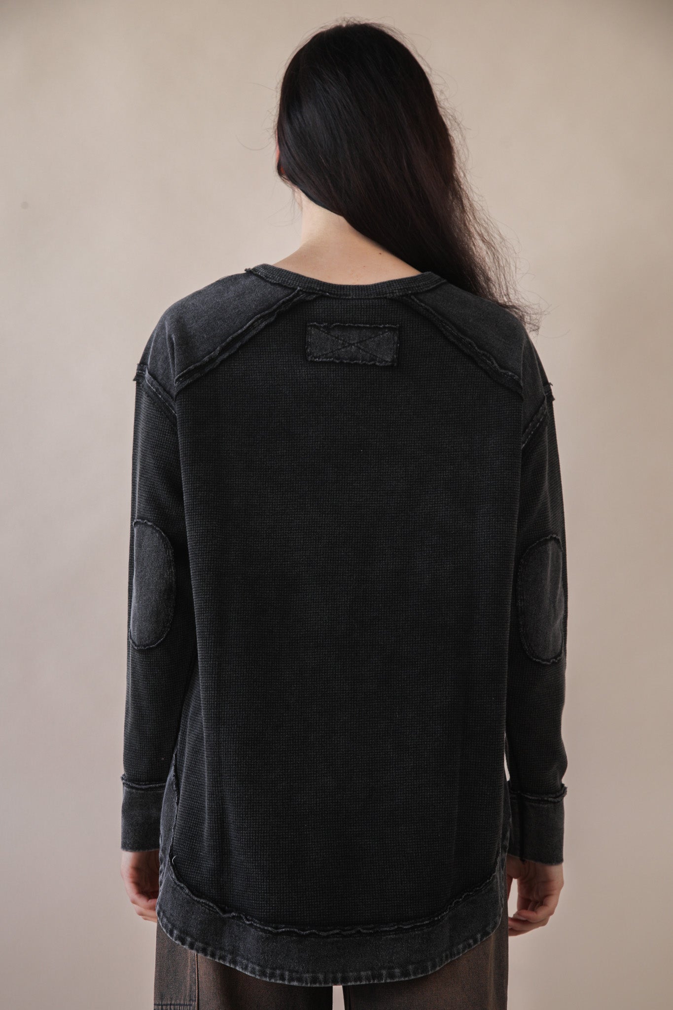 Mineral Washed Elbow Patch Contrast Knit Top