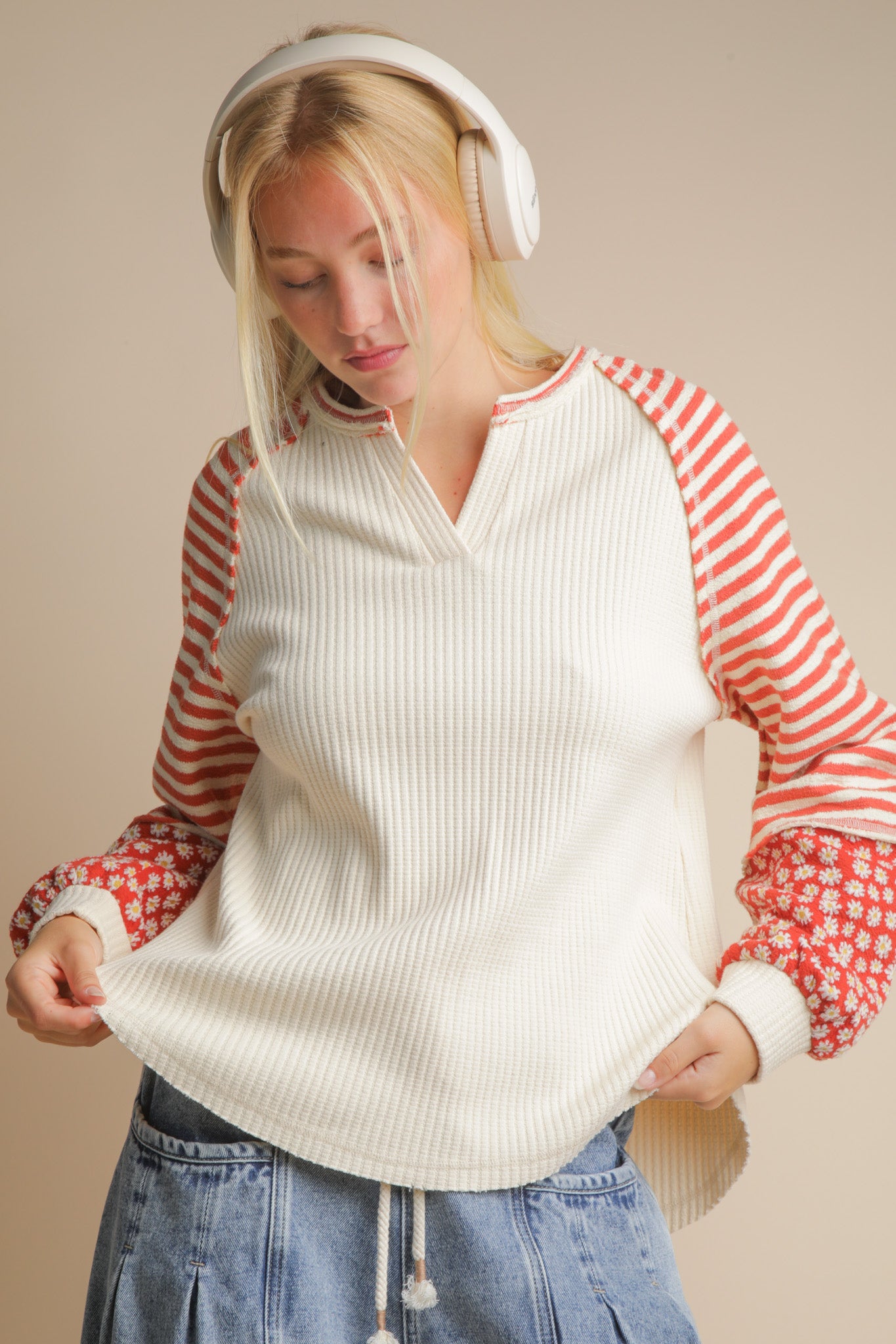 Oversized Floral & Stripe Casual Knit Top