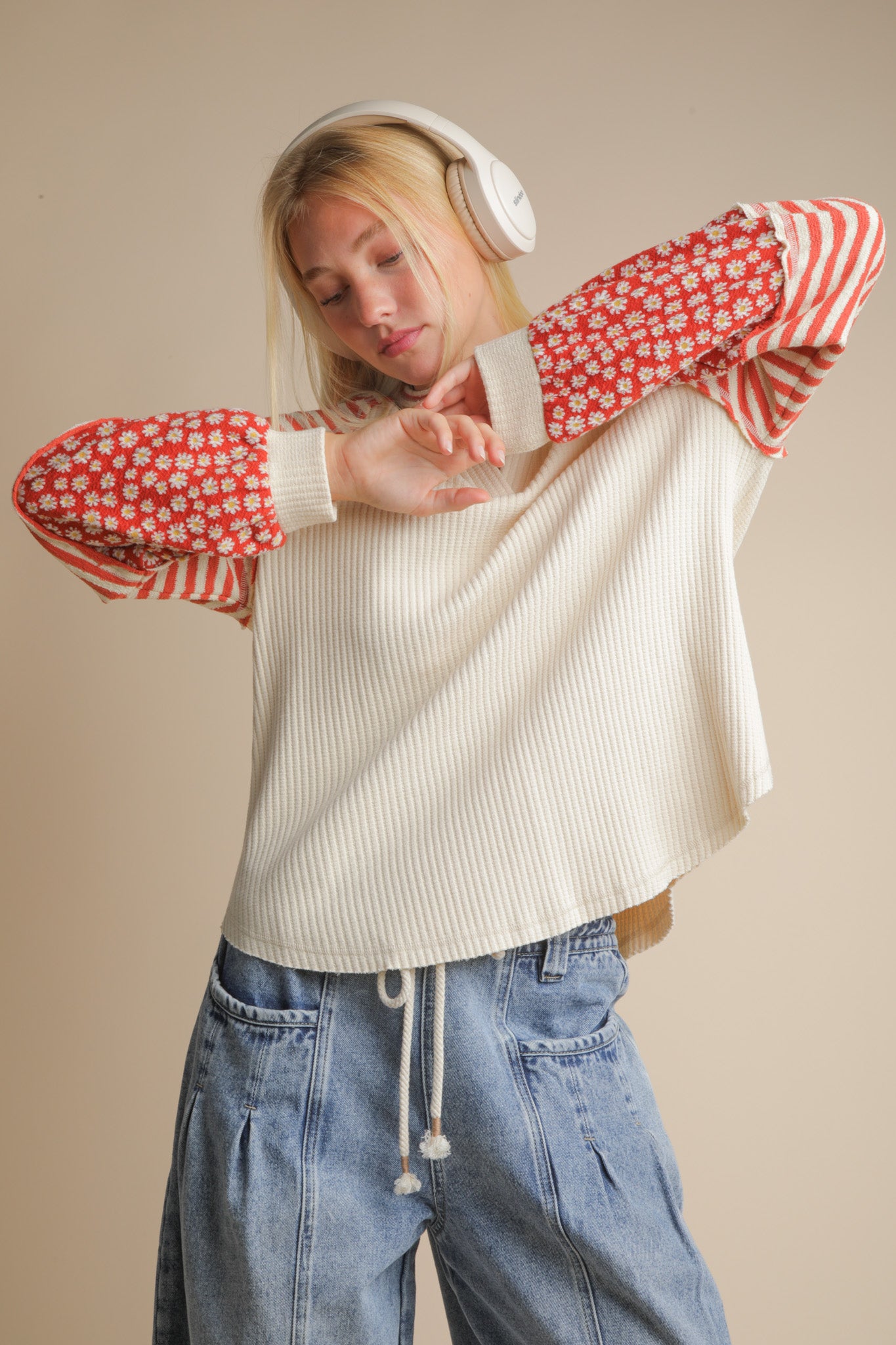 Oversized Floral & Stripe Casual Knit Top