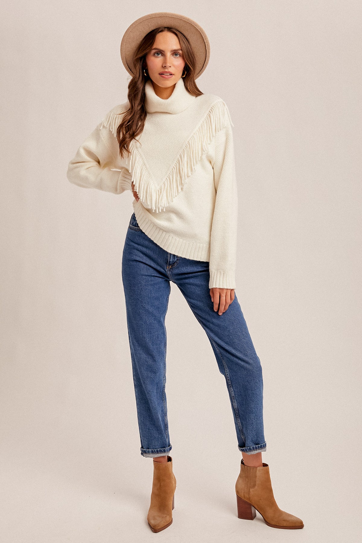 Fringe Detailed Mock Neck Sweater