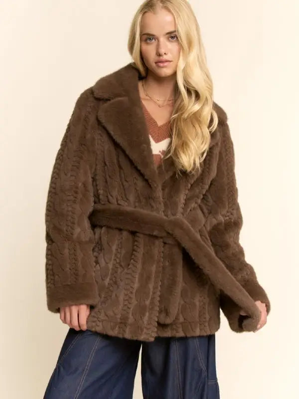 Cable-Textured Faux Fur Belted Coat