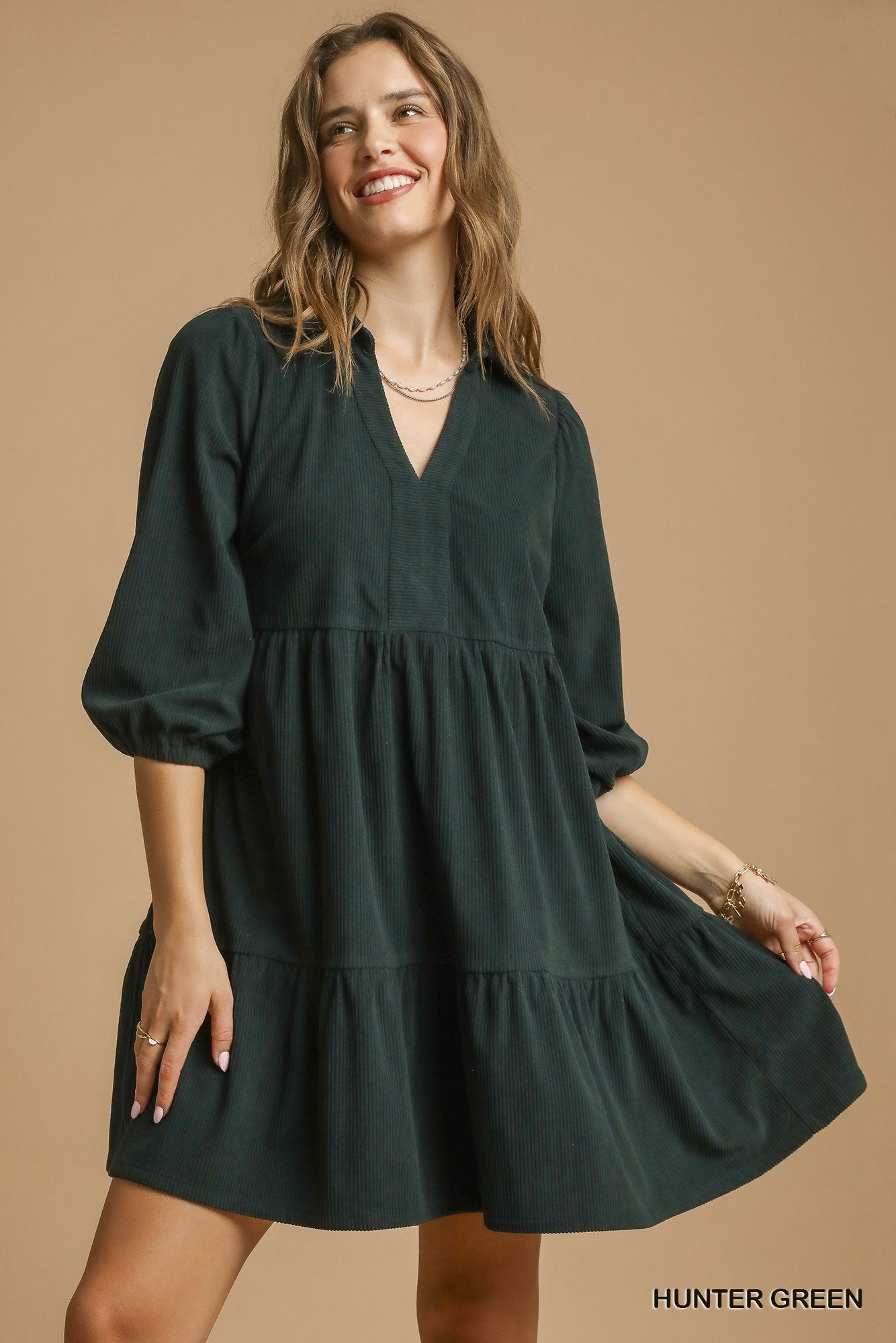 Tiered Corduroy Mini Dress with Balloon Sleeves