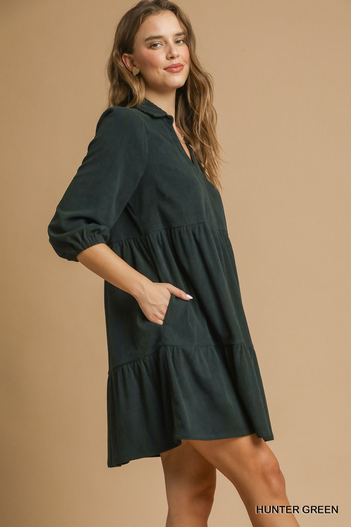 Tiered Corduroy Mini Dress with Balloon Sleeves