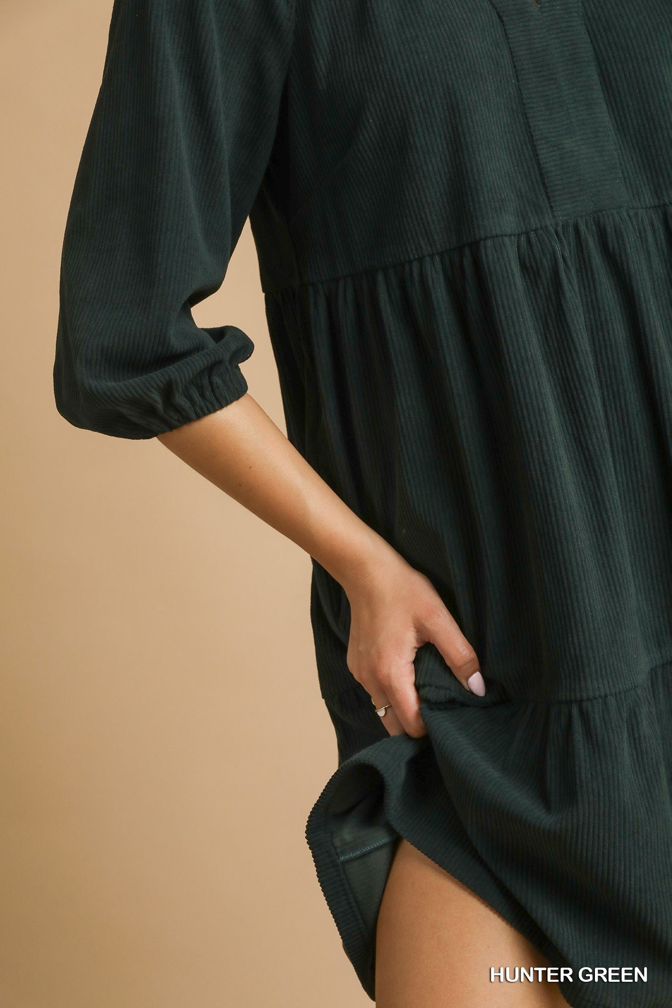 Tiered Corduroy Mini Dress with Balloon Sleeves