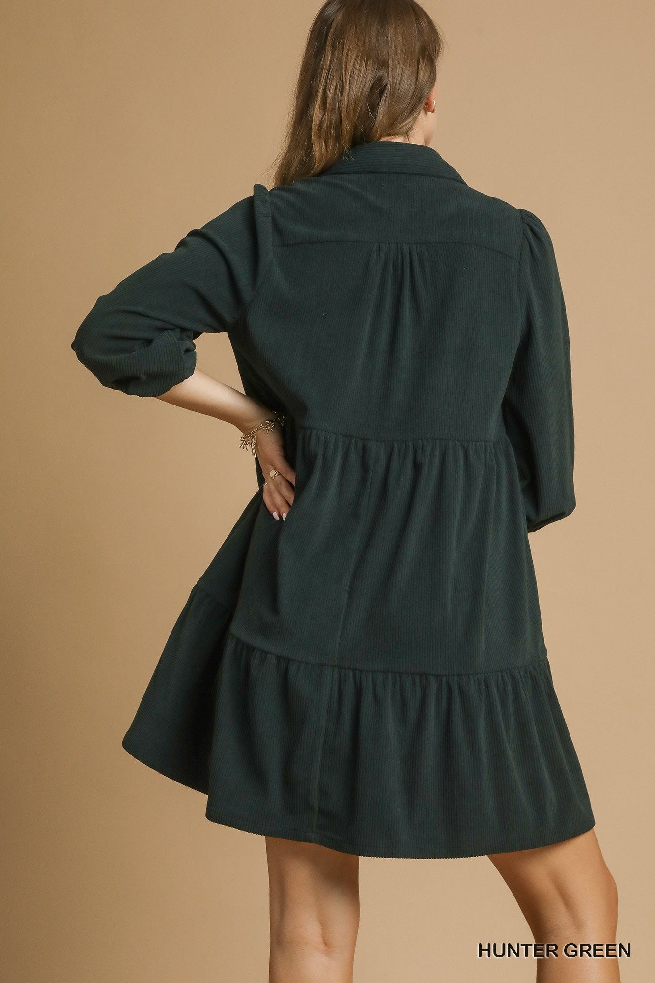 Tiered Corduroy Mini Dress with Balloon Sleeves