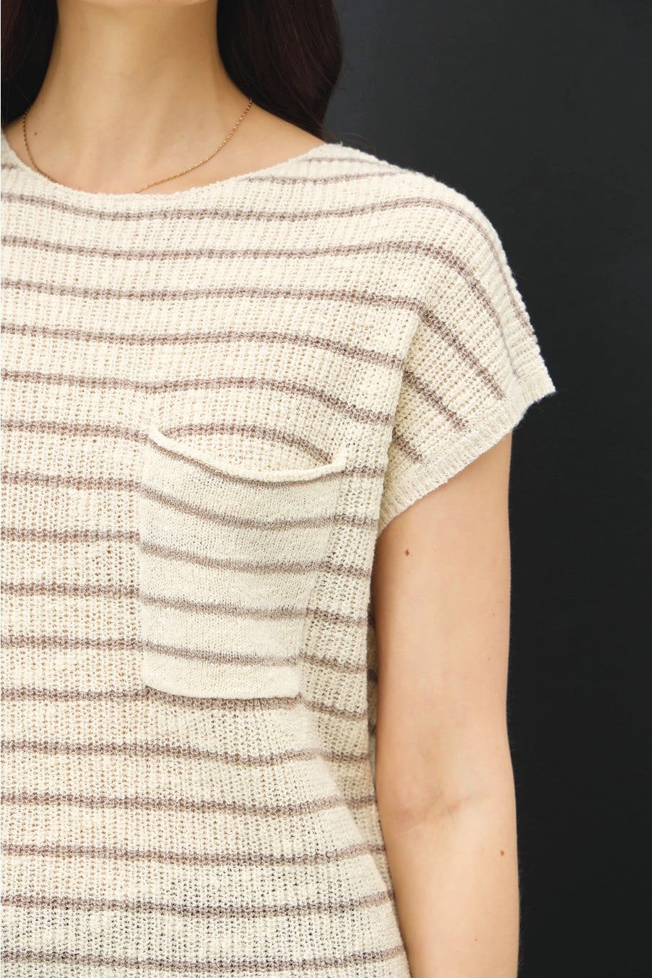 Lightweight Striped Knit Cap Sleeve Sweater Top with Pocket