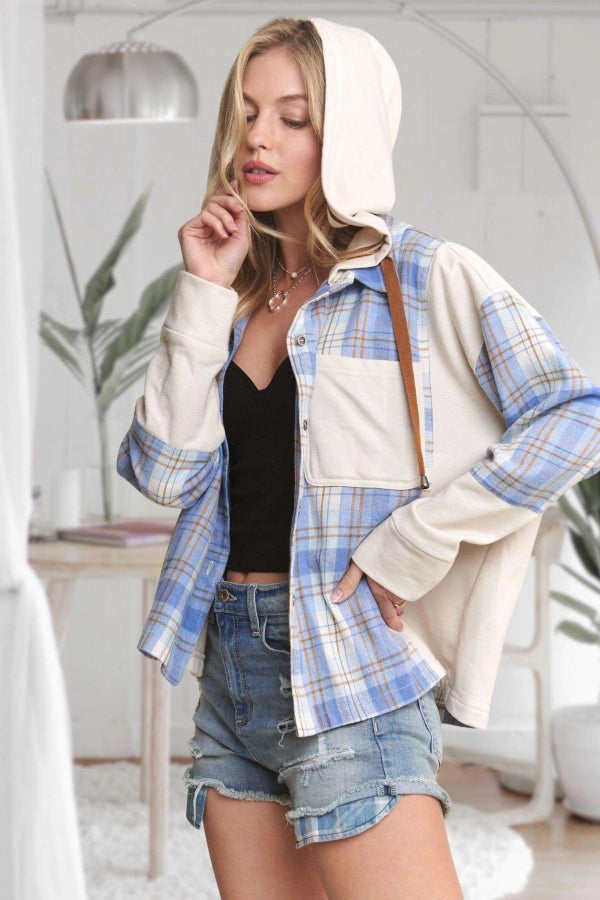 Button Down Plaid Casual Hoodie Shacket