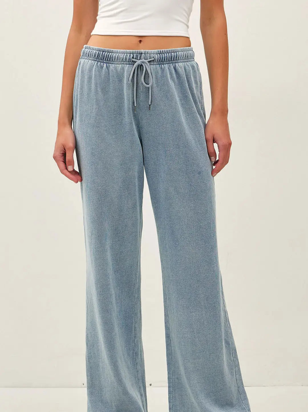 Cotton Terry Knit Denim Wide Leg Pull On Pants