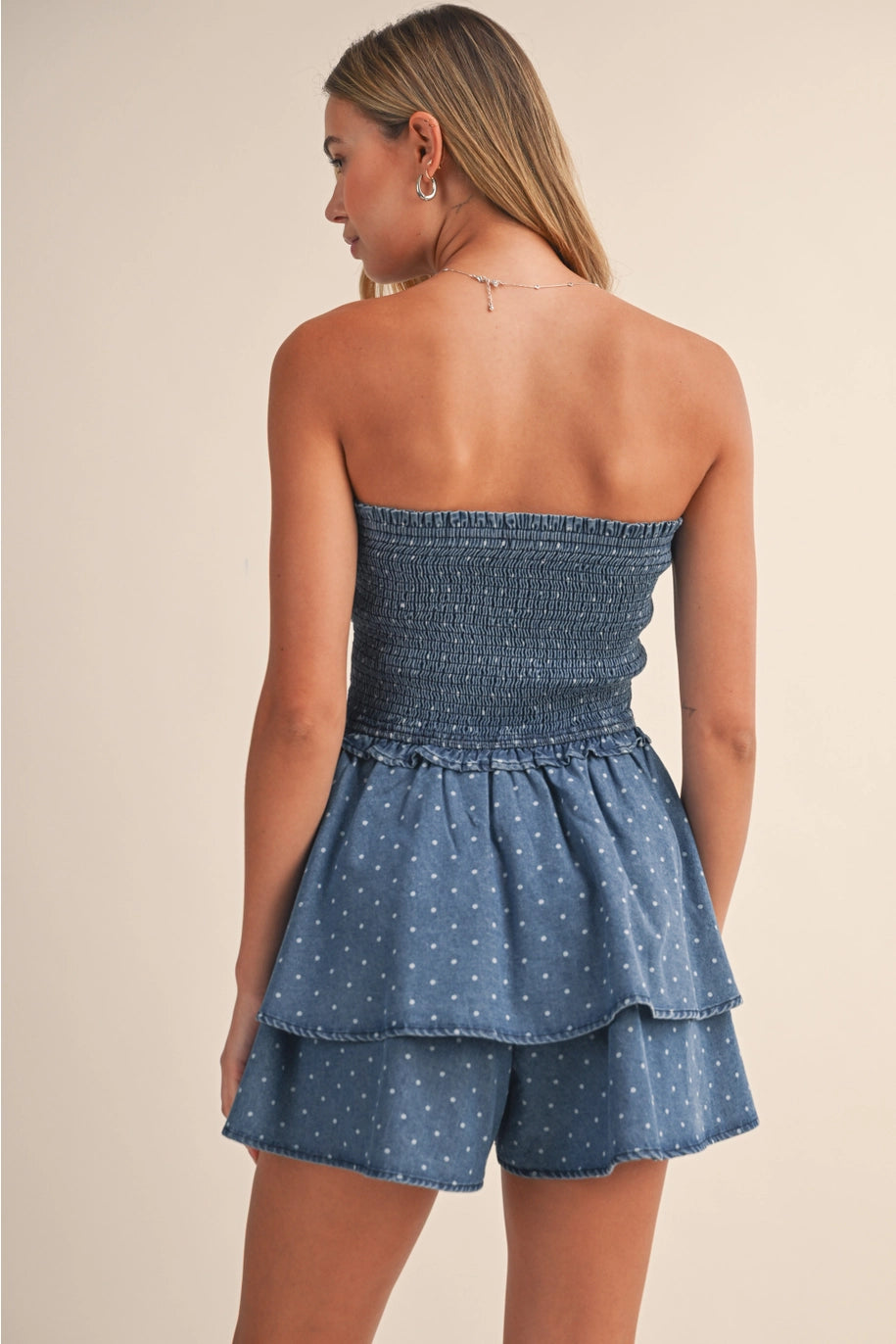 Denim Polkadot Smocked Top Ruffled Romper