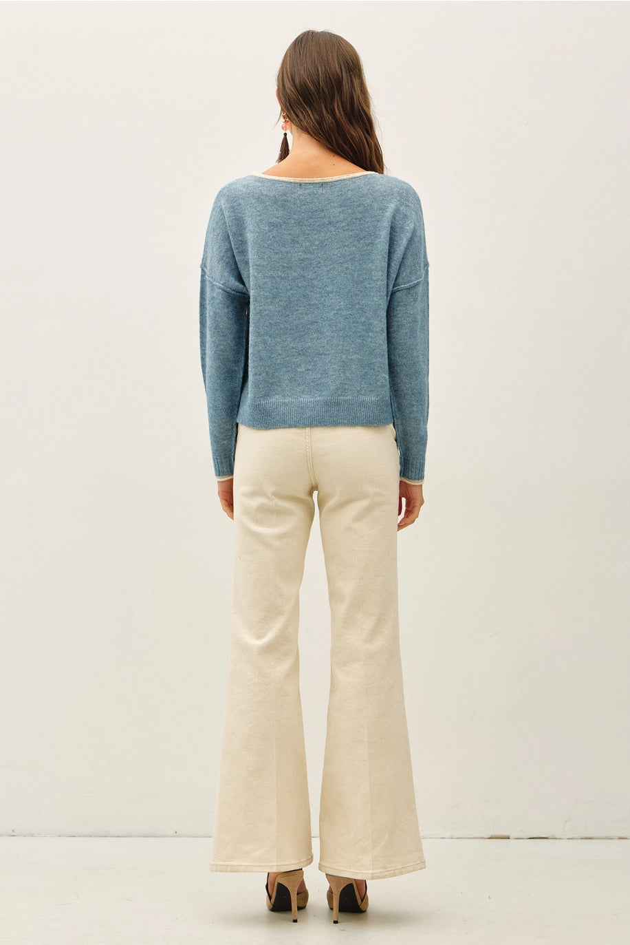 Contrast Layered-Look Boat Neck Cropped Sweater
