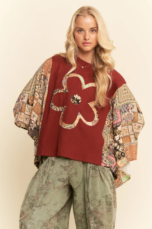 Boho Patchwork Knit Top w/ Flower