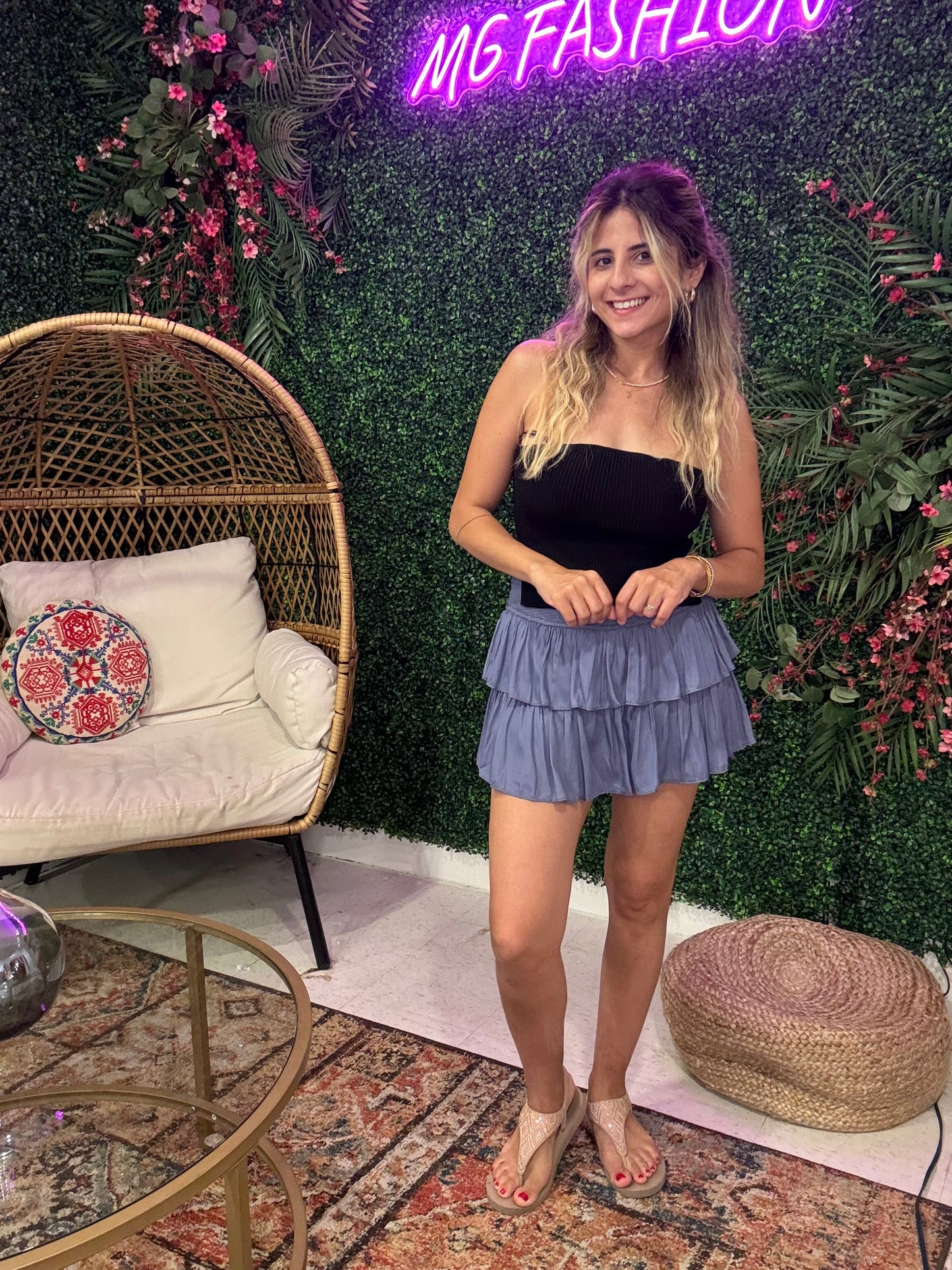 Smocked Ruffle Mini Skort Chambray