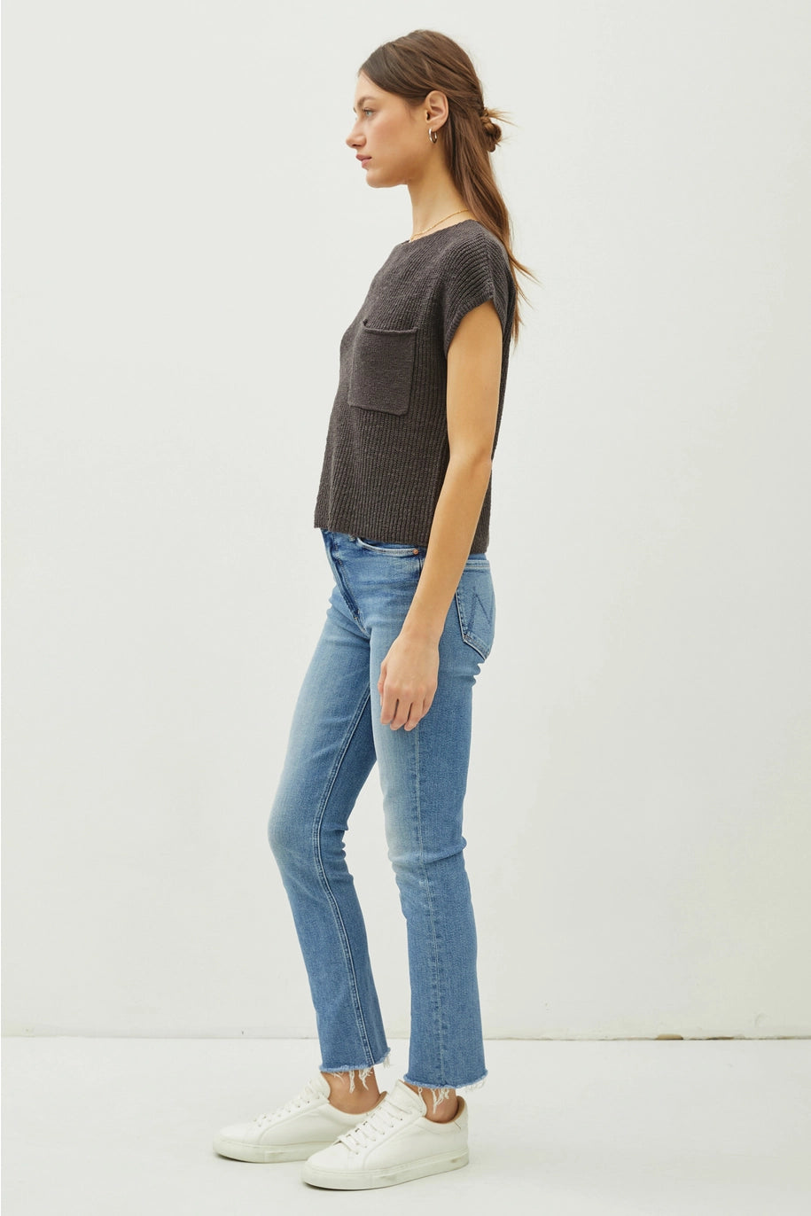 Boat Neck Dolman Cap Sleeve Boxy Knit Sweater Top with Patch Pocket