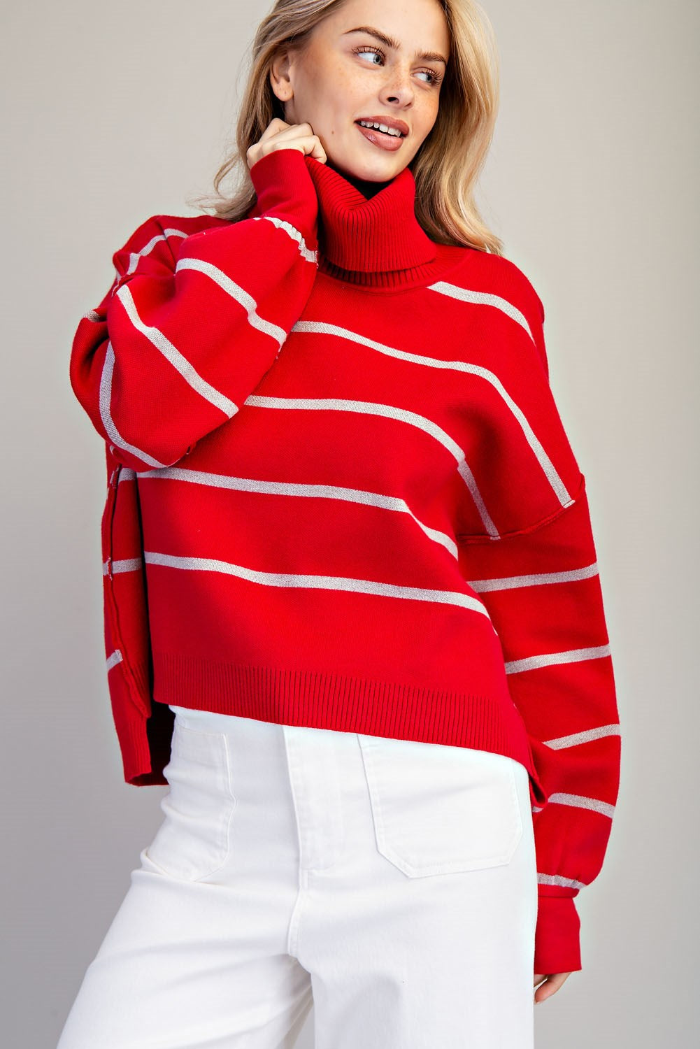Striped Turtle Neck High-Low Sweater