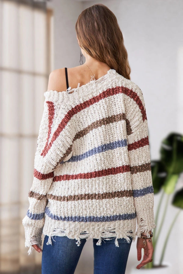 Multi Color Stripe Torn Sweater