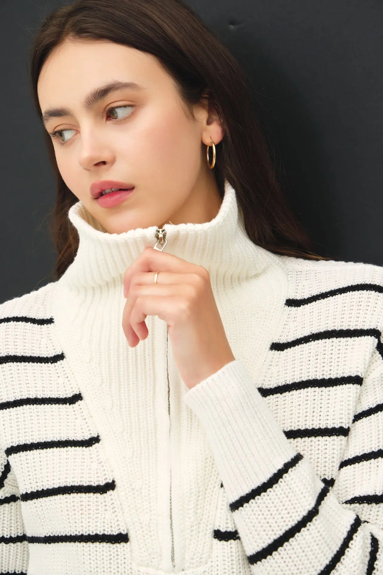 Spread Collar Half Zip Striped Sweater
