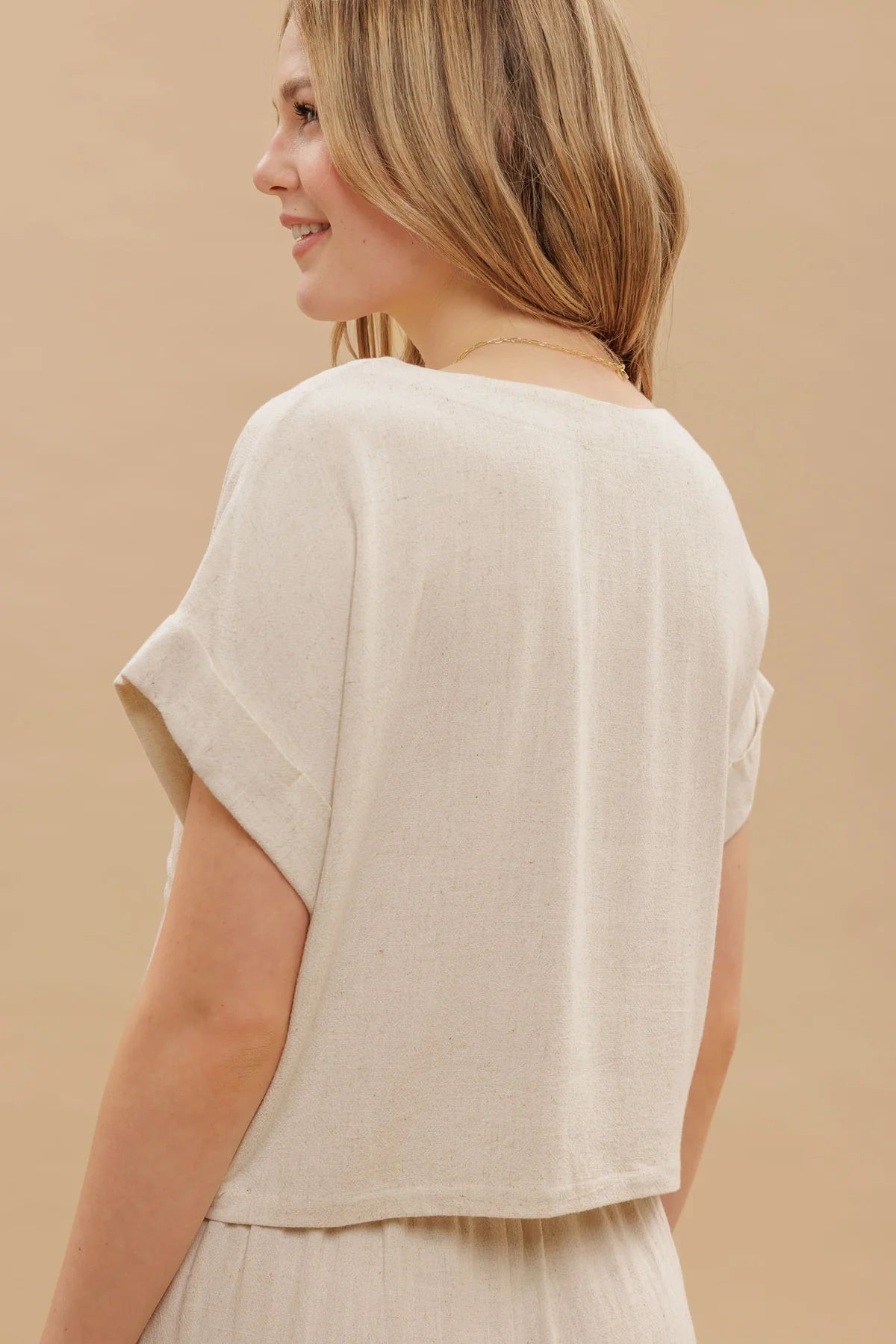 Linen Short Fold Sleeve Boxy Cut Top