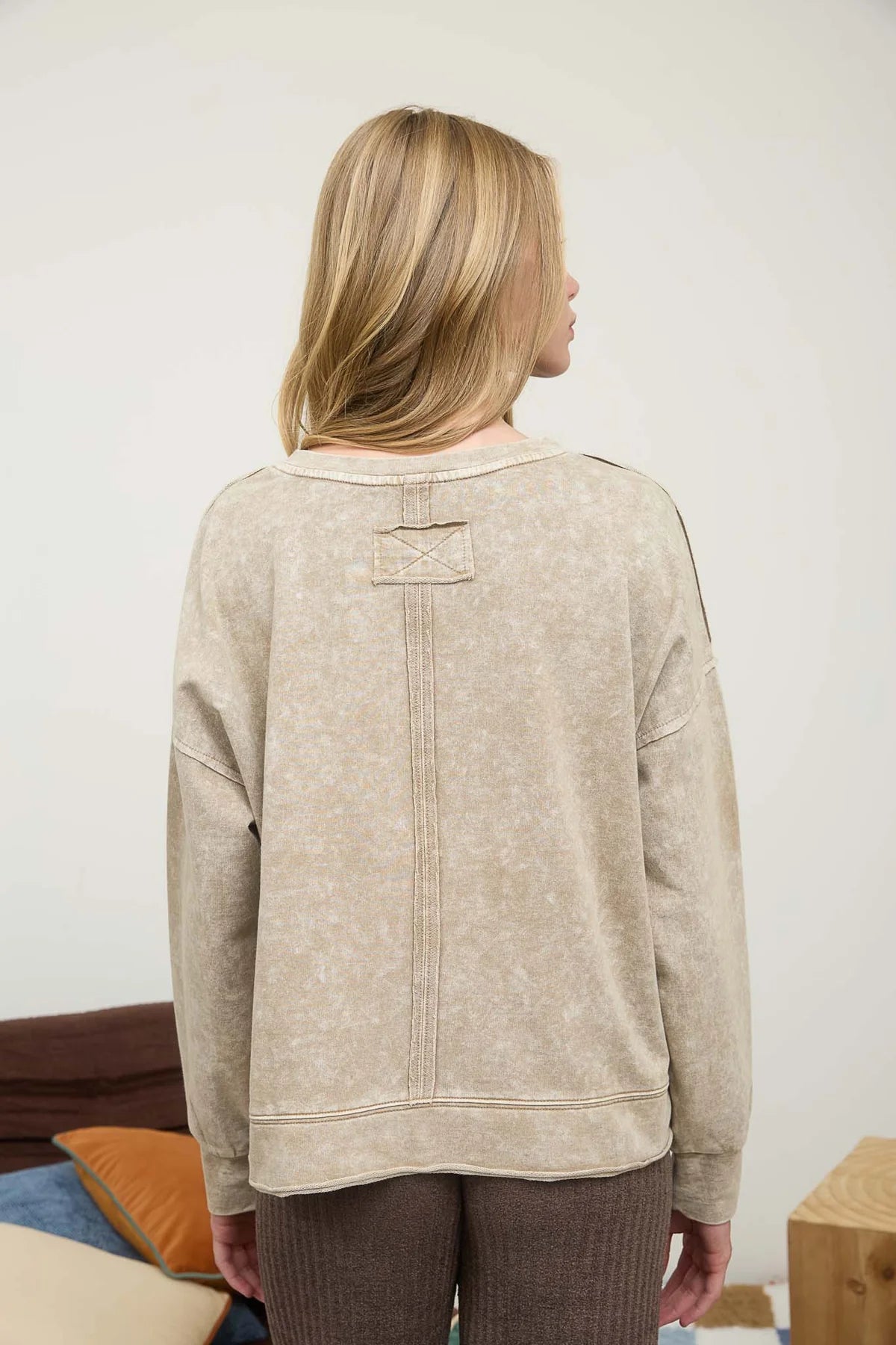 Washed Exposed Seam Long Sleeve Knit Top