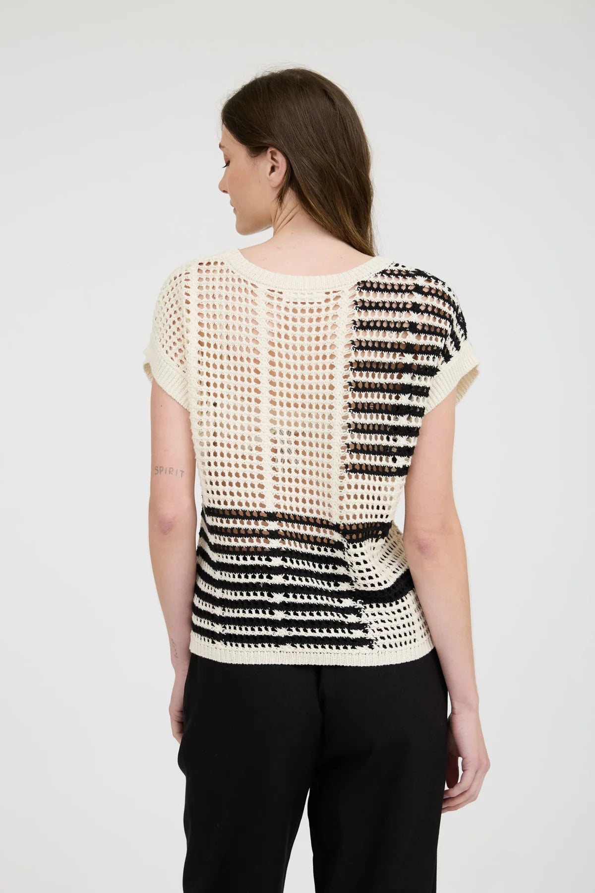 Multi Stripe Short Sleeve Sheer Crochet Knit Top