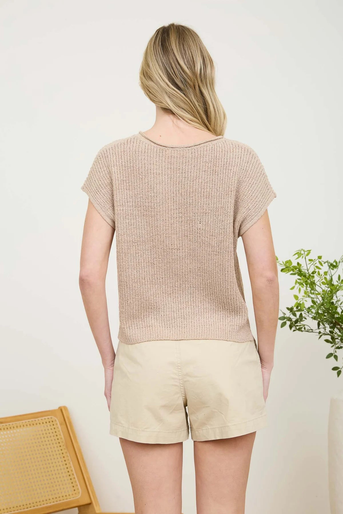 Split Neck Short Sleeve Knit Top