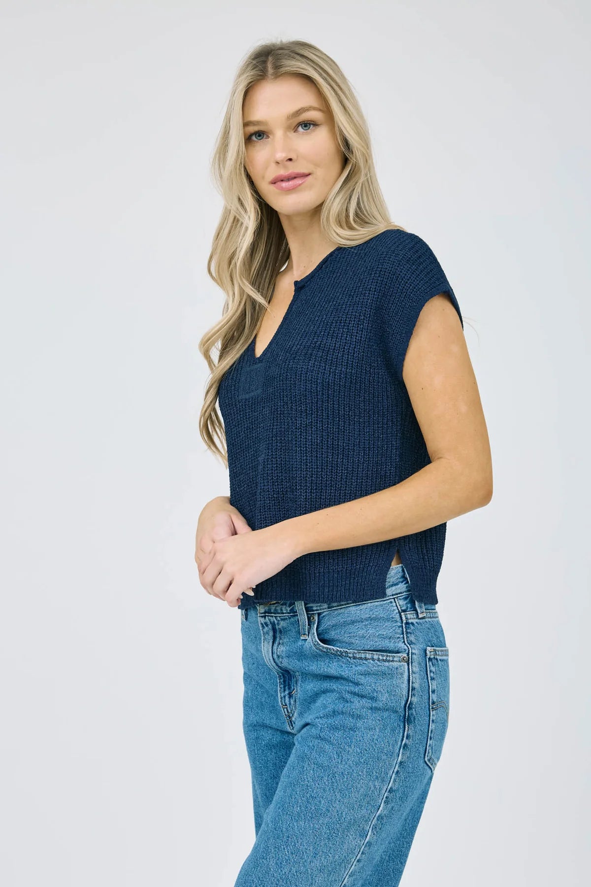 Split Neck Short Sleeve Knit Top