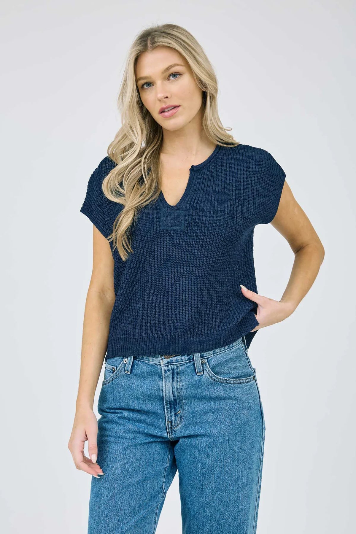 Split Neck Short Sleeve Knit Top