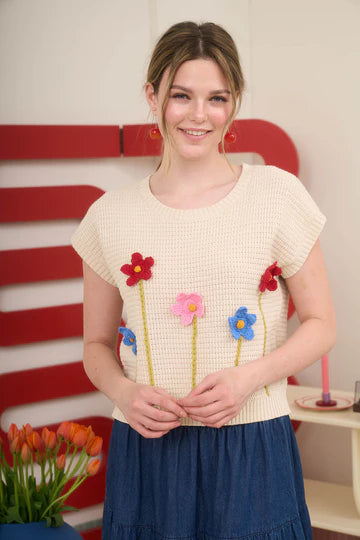 3D Crochet Floral Short Sleeve Sweater Top