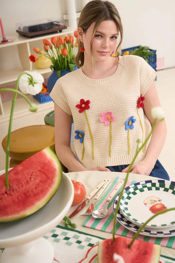 3D Crochet Floral Short Sleeve Sweater Top