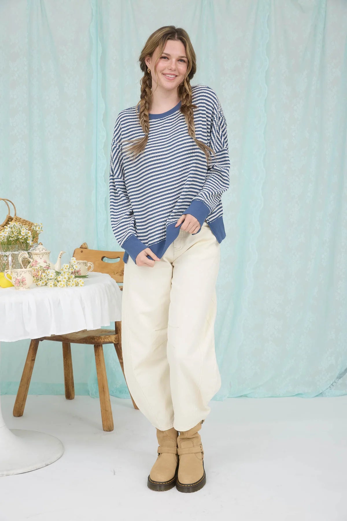 Stripe Exposed Seam Split Hem Long Sleeve Knit Top