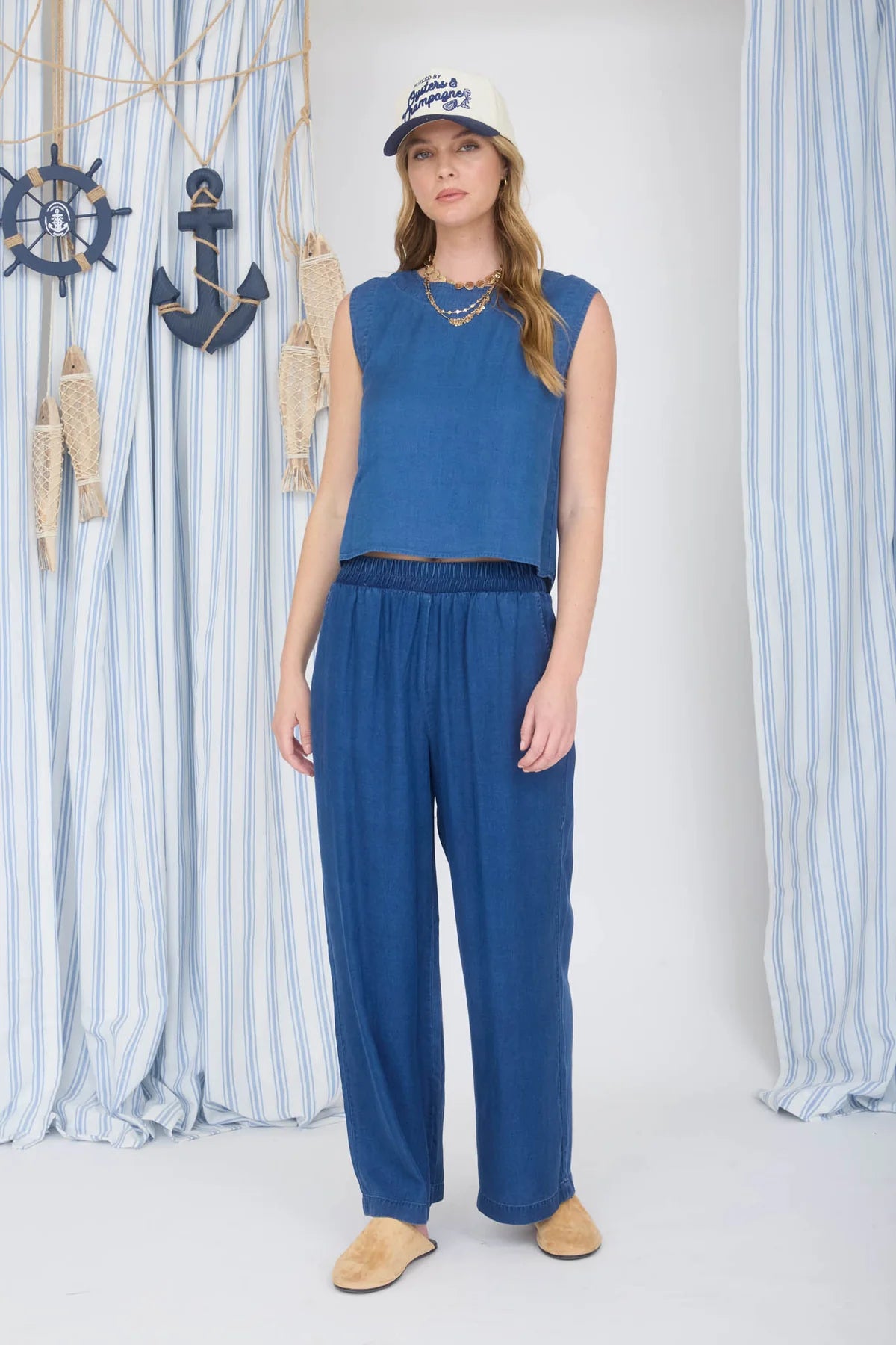 Chambray Elastic High Waist Wide Leg Pants