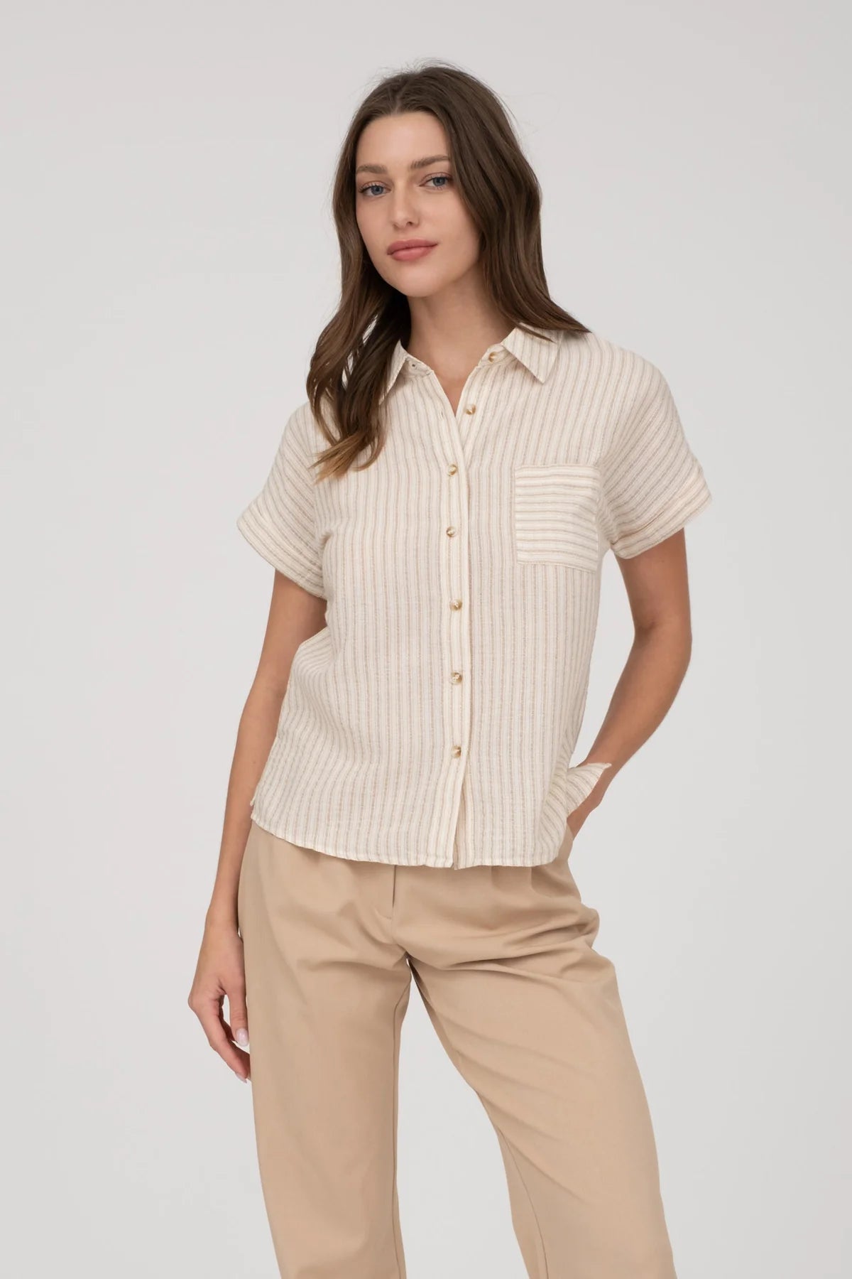 Stripe Collared Short Sleeve Linen Shirt