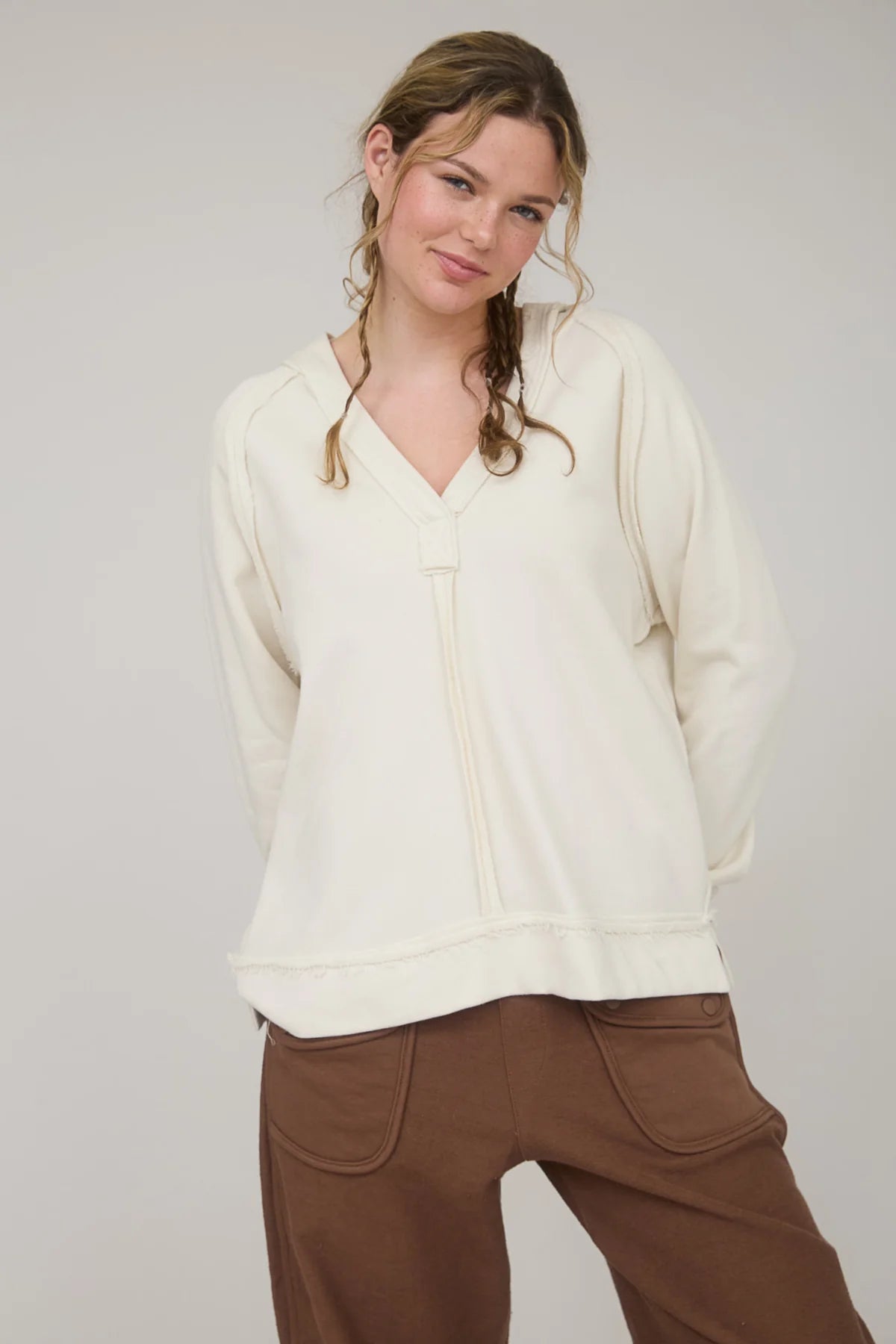 Hooded V Neck Raw Edge Long Sleeve Knit Top