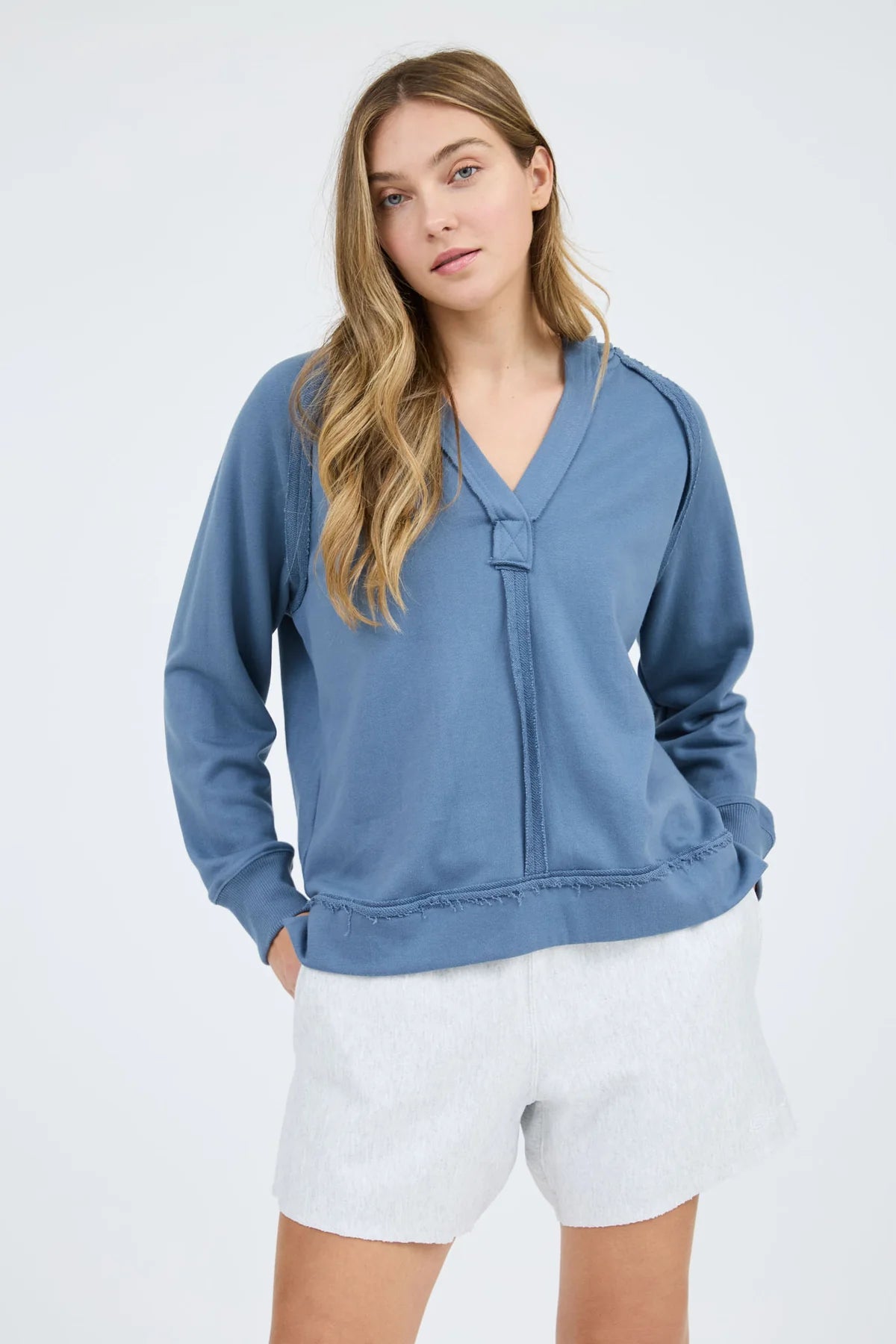 Hooded V Neck Raw Edge Long Sleeve Knit Top