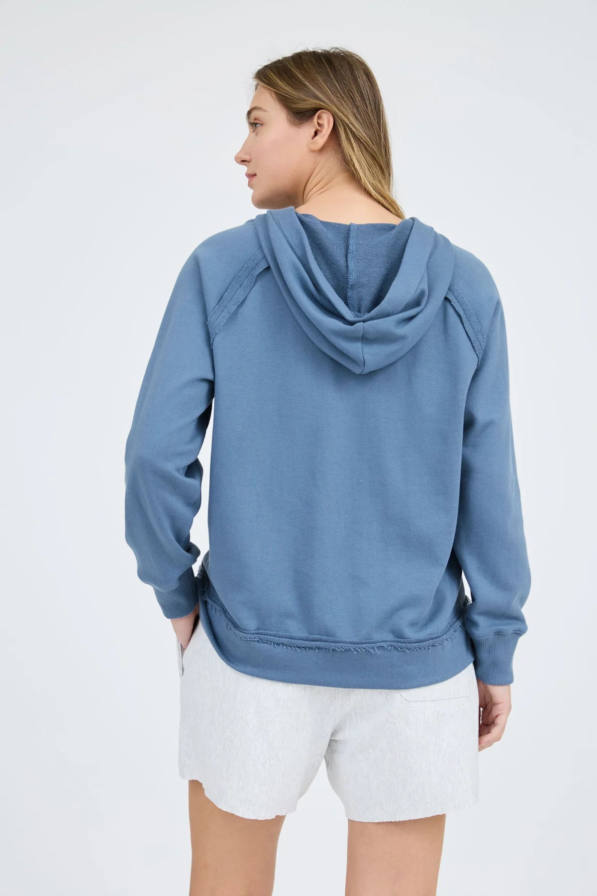 Hooded V Neck Raw Edge Long Sleeve Knit Top