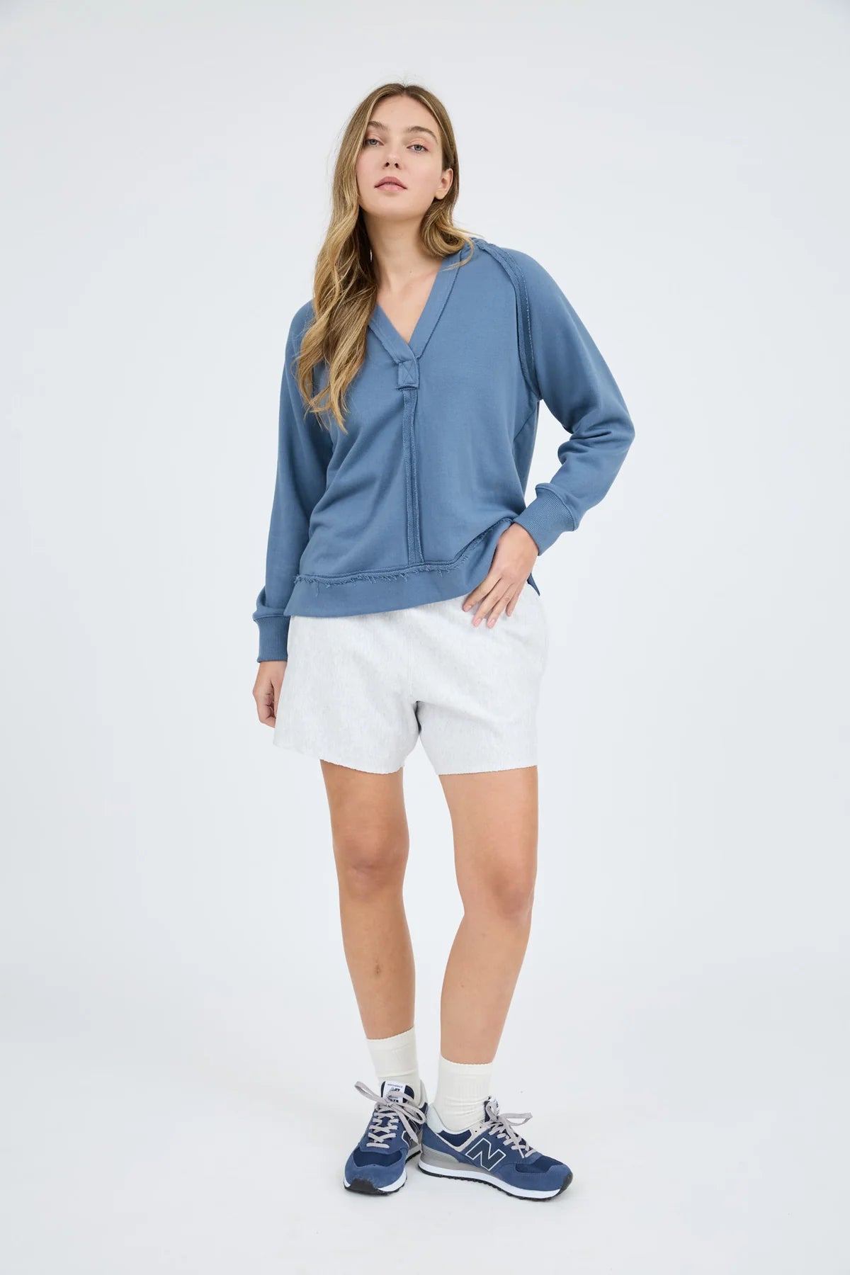 Hooded V Neck Raw Edge Long Sleeve Knit Top