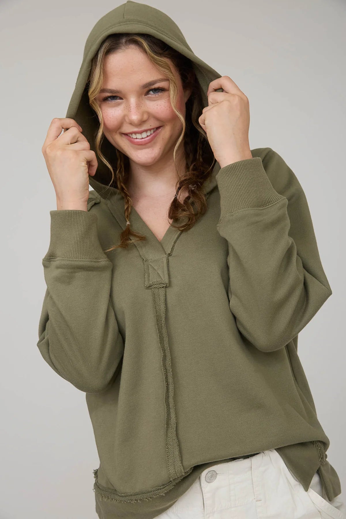 Hooded V Neck Raw Edge Long Sleeve Knit Top