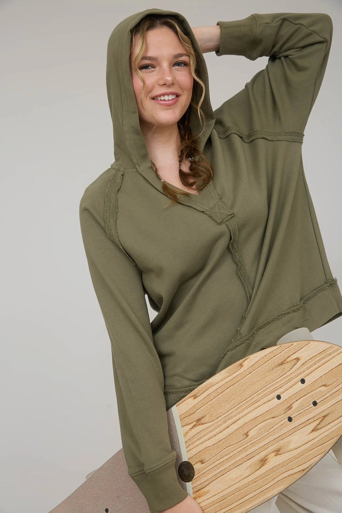 Hooded V Neck Raw Edge Long Sleeve Knit Top