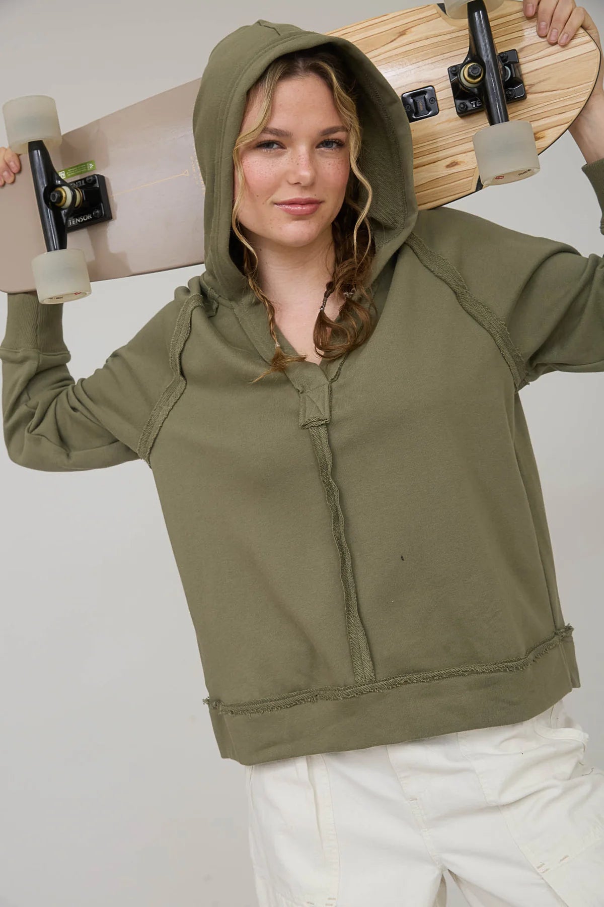 Hooded V Neck Raw Edge Long Sleeve Knit Top