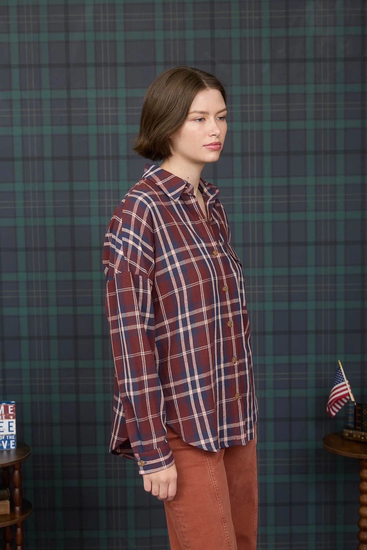 Plaid Button Down Pocket Detail Long Sleeve Shirt