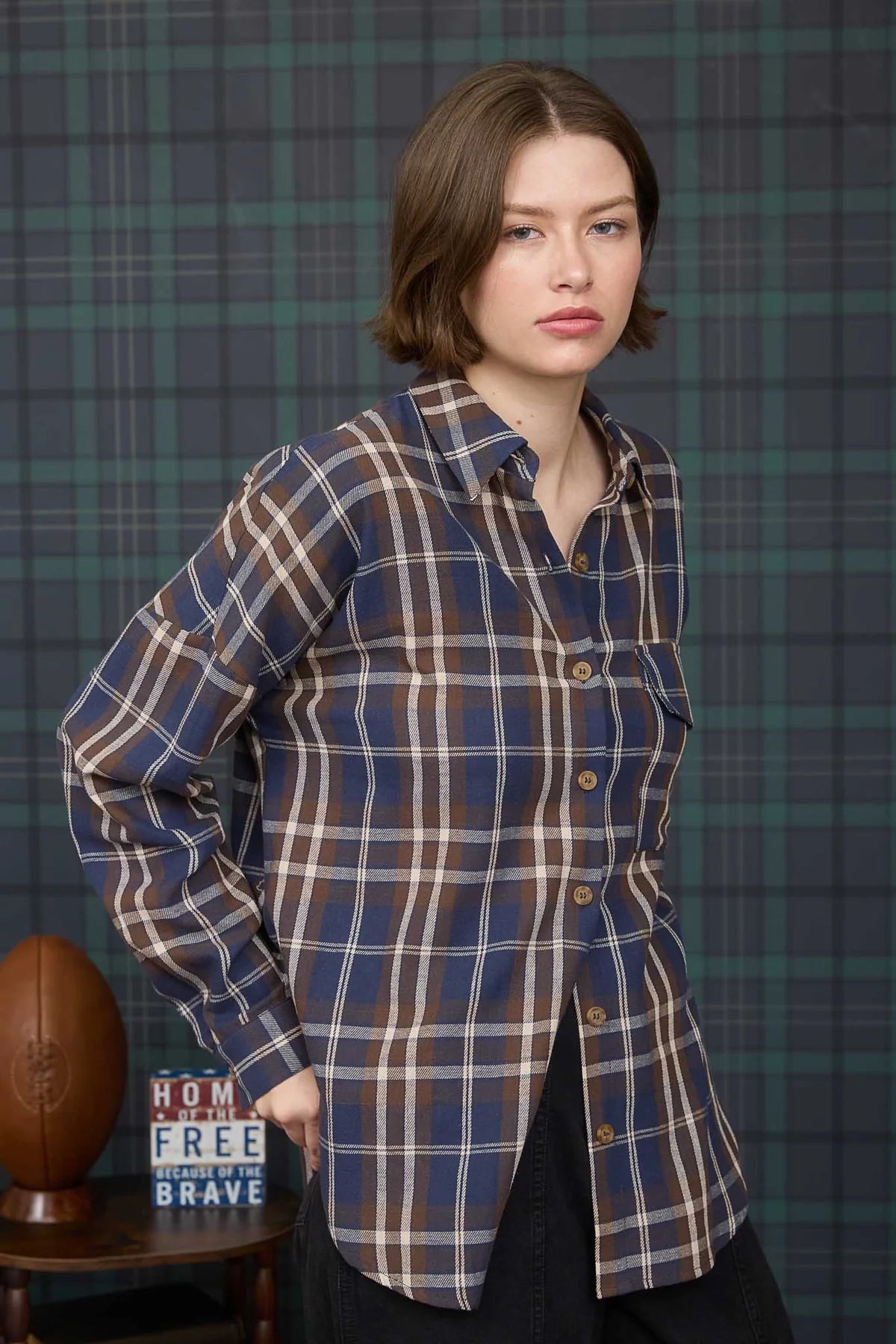 Plaid Button Down Pocket Detail Long Sleeve Shirt