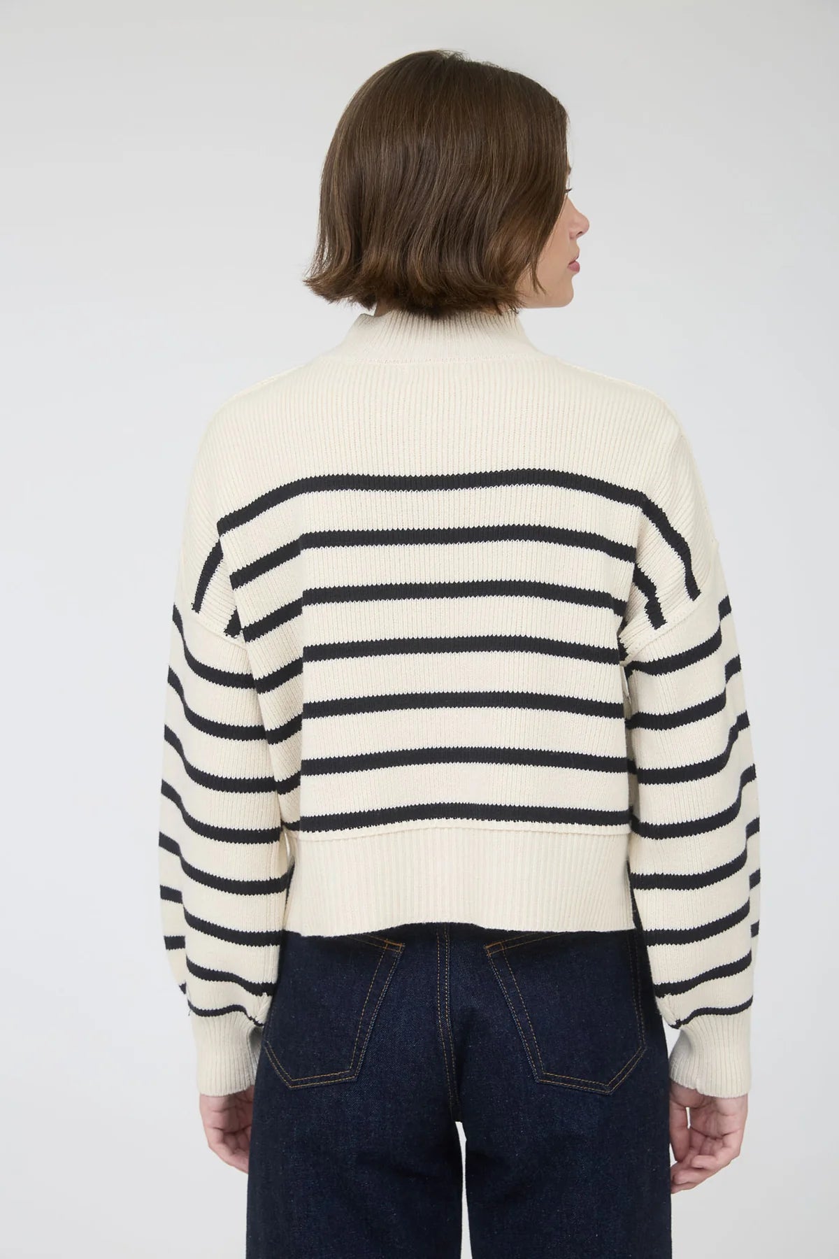 Stripe Mock Neck Drop Shoulder Knit Sweater