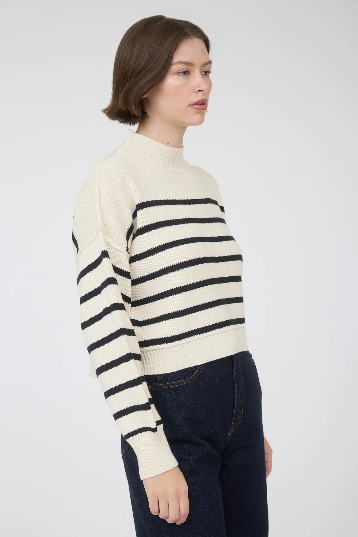 Stripe Mock Neck Drop Shoulder Knit Sweater