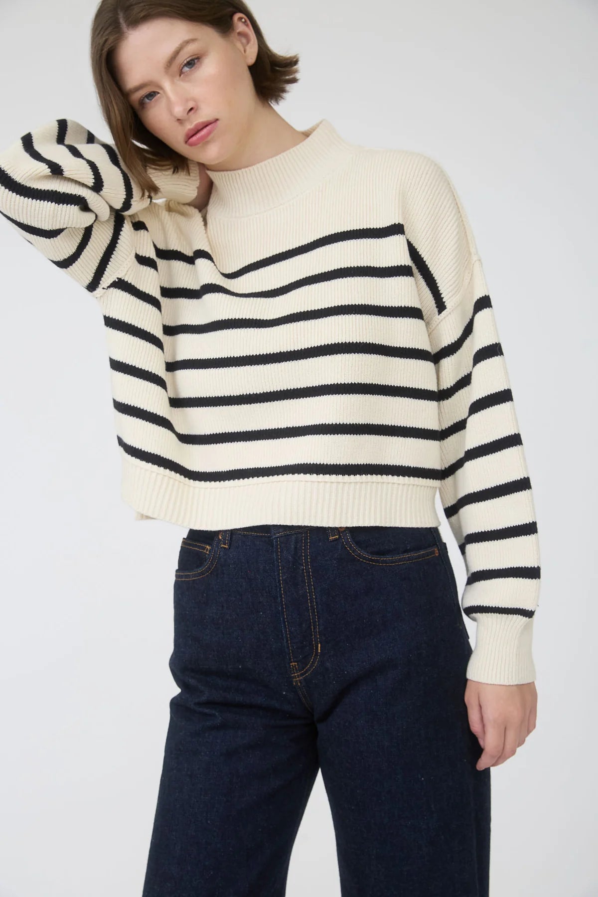 Stripe Mock Neck Drop Shoulder Knit Sweater