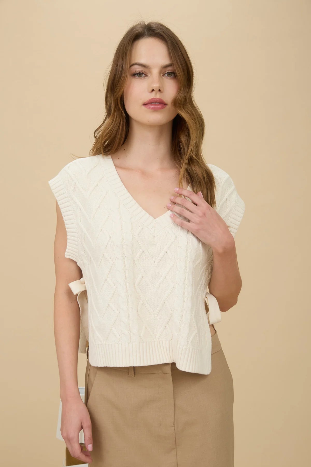 Cable Knit V Neck Side Tie Sweater Vest