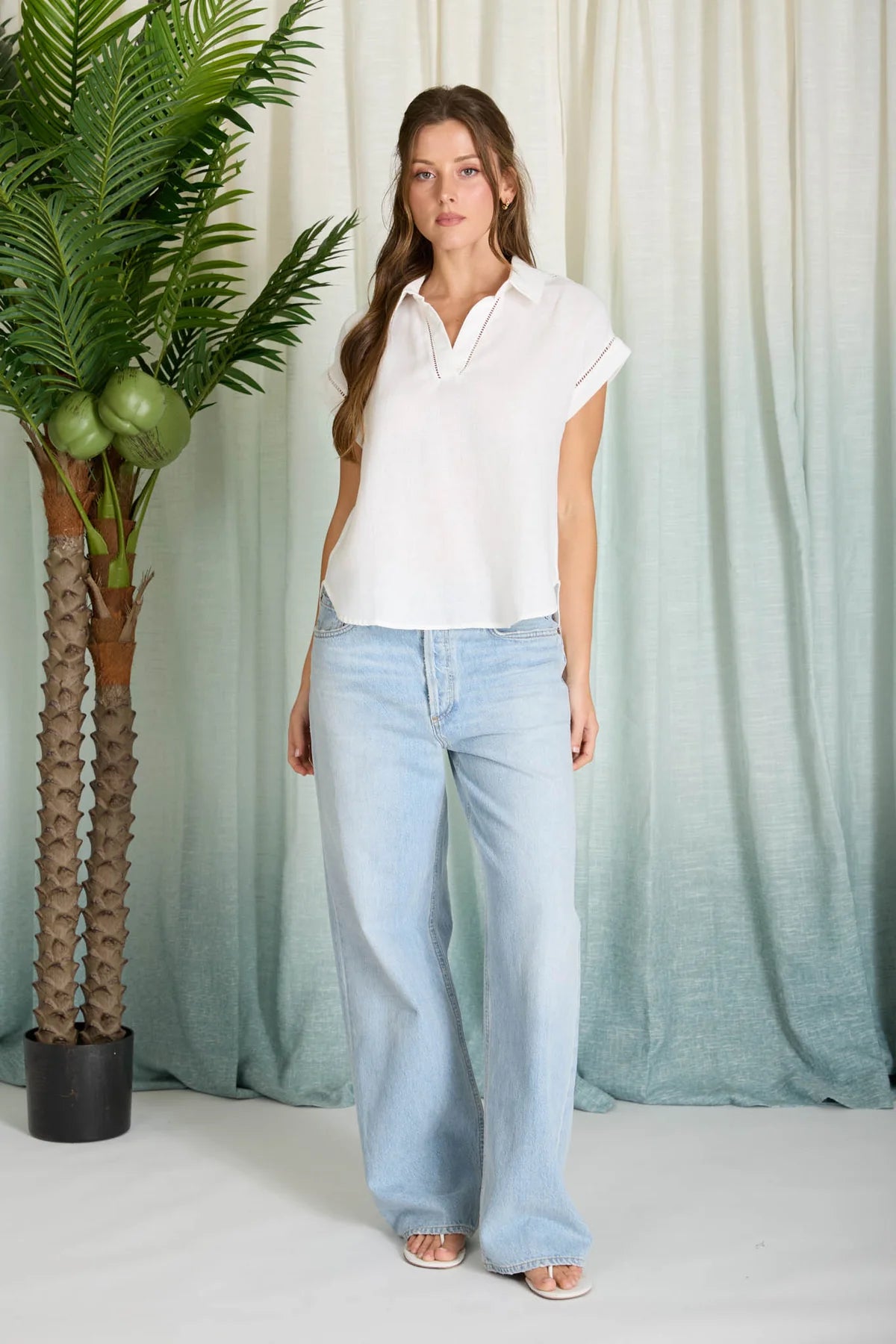 Collared V-Neck Short Sleeve Line Lace Detail Top