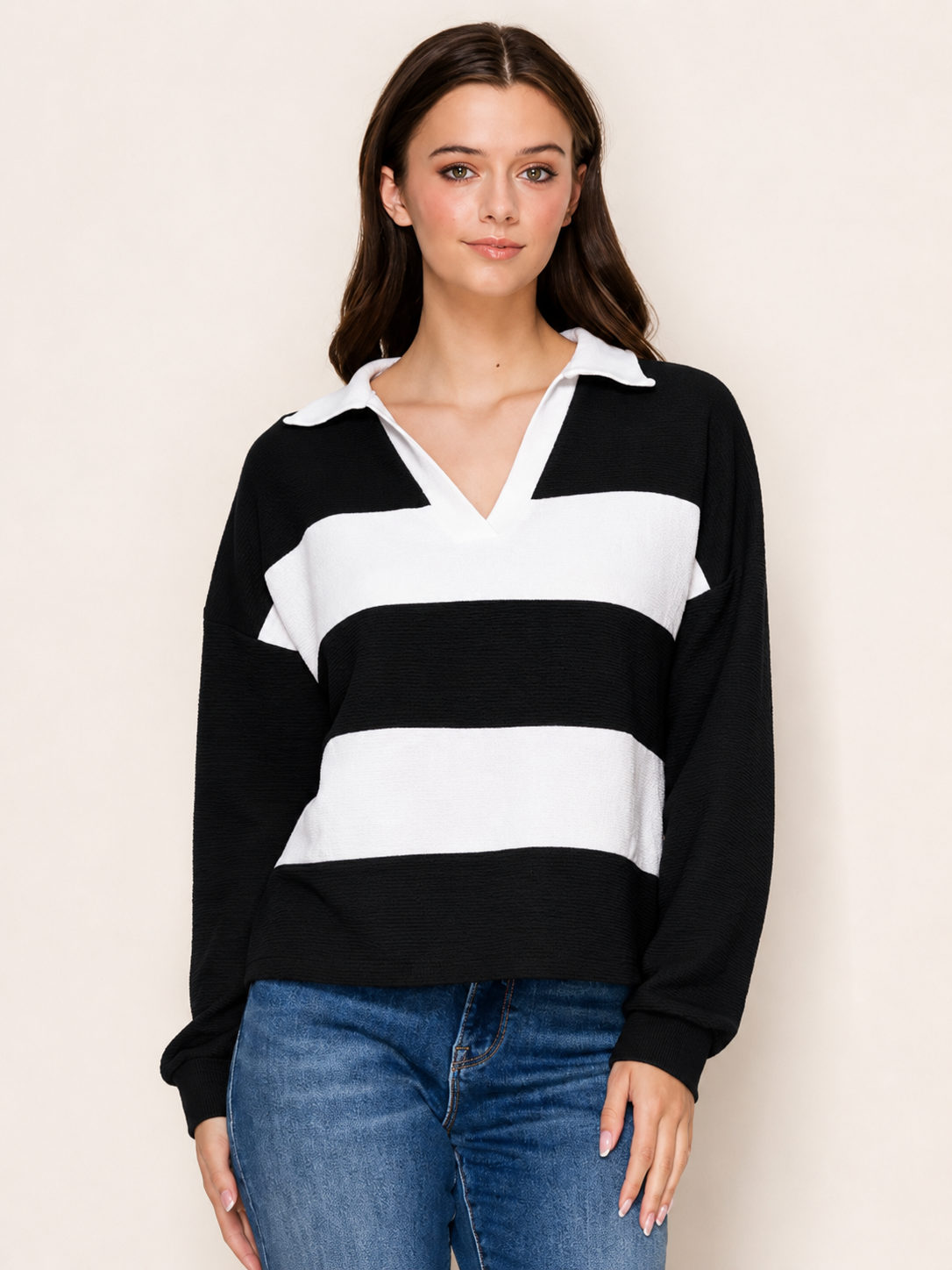 Cloudy Knit Stripe Collared Top
