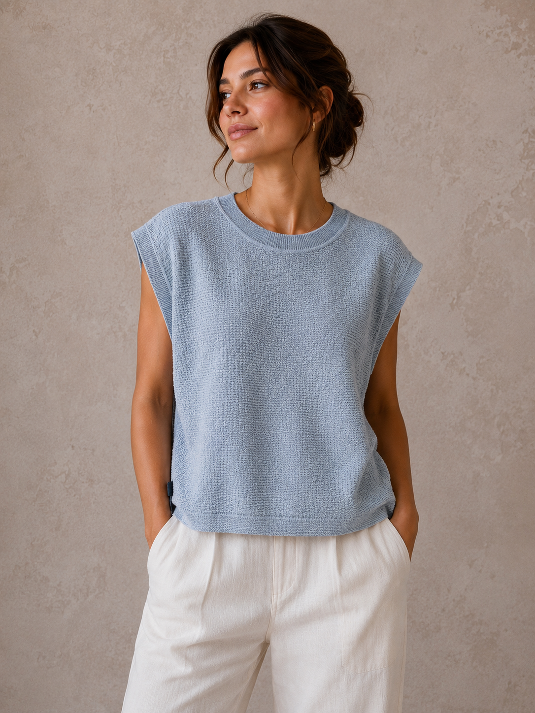 Cloudy Knit Round Neck Sleeveless Muscle Tee