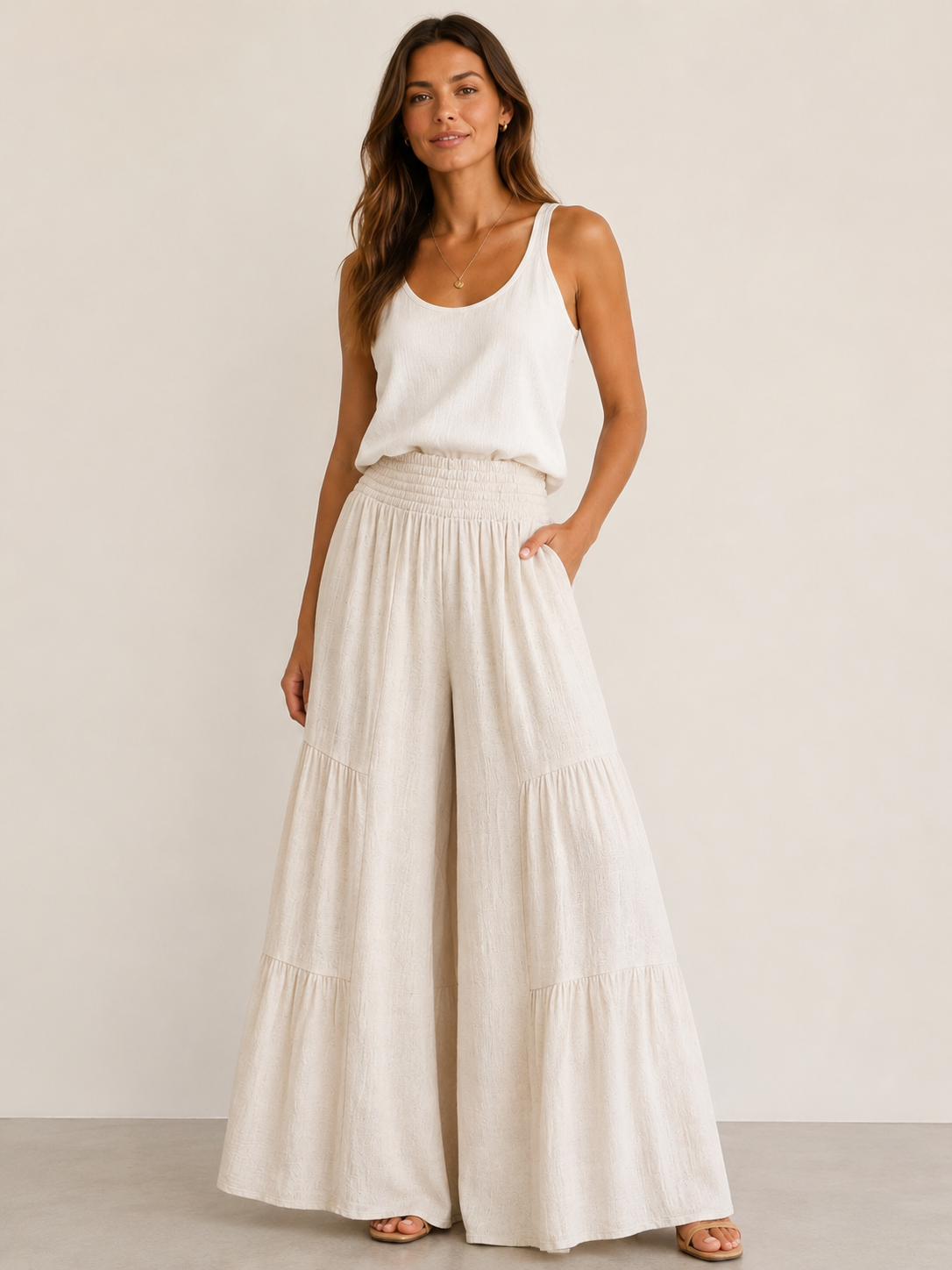 Soft Linen Blend Elastic Waist Flowy Pants
