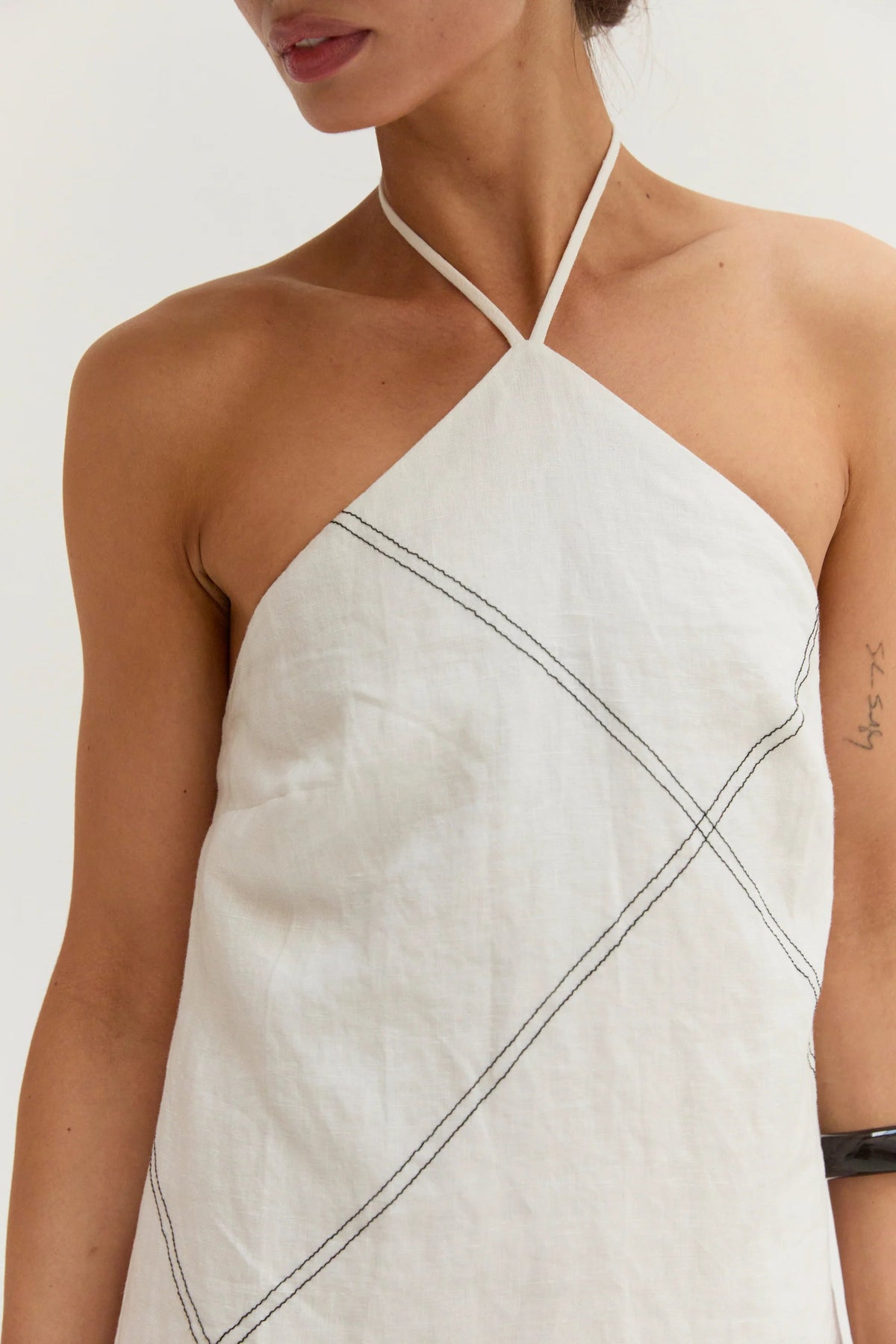 Lena Contrast Stitch Halter Linen Mini Dress